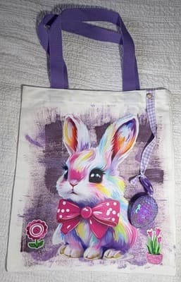 Easter Bunny Purple Cute Canvas Tote Custom Design Embellish OOAK Basket Bag NEW - Thumbnail 2