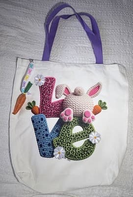 Easter Bunny Tail LOVE Canvas Tote Custom Design Embellish OOAK Basket Bag NEW - Thumbnail 2