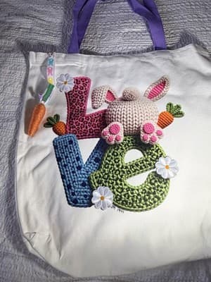 Easter Bunny Tail LOVE Canvas Tote Custom Design Embellish OOAK Basket Bag NEW - Thumbnail 7