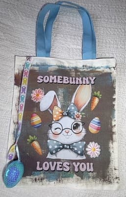 Easter Bunny Glasses Canvas Tote Custom Design Embellish OOAK Basket Bag NEW - Thumbnail 2