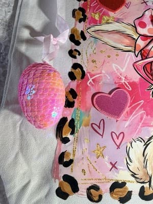 Easter Bunny Pink Bubble Canvas Tote Custom Design Embellish OOAK Basket Bag NEW - Thumbnail 4