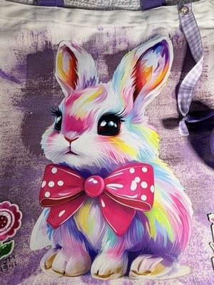Easter Bunny Purple Cute Canvas Tote Custom Design Embellish OOAK Basket Bag NEW - Thumbnail 5