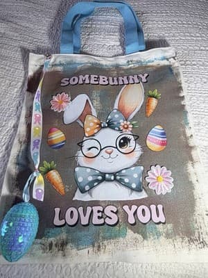 Easter Bunny Glasses Canvas Tote Custom Design Embellish OOAK Basket Bag NEW - Thumbnail 8