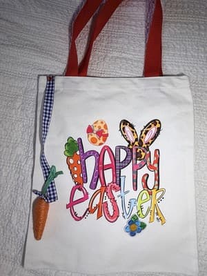 Easter Bunny Happy Canvas Tote Custom Design Embellish OOAK Basket Bag NEW - Thumbnail 3