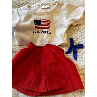 Build A Bear Workshop White Flag T-Shirt Red Short July 4th Patriotic Clothing - Thumbnail 3