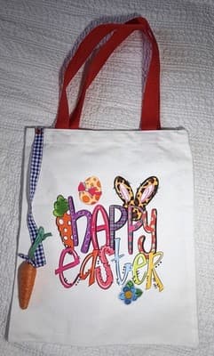 Easter Bunny Happy Canvas Tote Custom Design Embellish OOAK Basket Bag NEW - Thumbnail 2