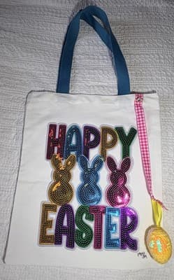 Easter Bunny Sequin Blue Canvas Tote Custom Design Embellish OOAK Basket Bag NEW - Thumbnail 2