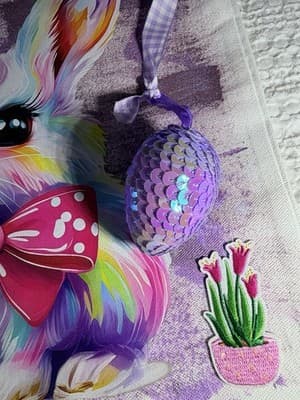 Easter Bunny Purple Cute Canvas Tote Custom Design Embellish OOAK Basket Bag NEW - Thumbnail 3