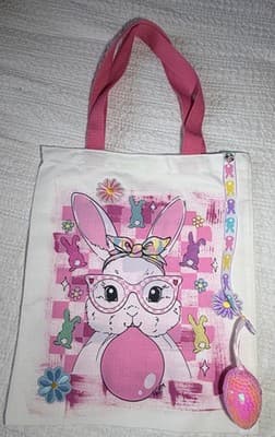 Easter Bunny Pink Egg Canvas Tote Custom Design Embellish OOAK Basket Bag NEW - Thumbnail 2