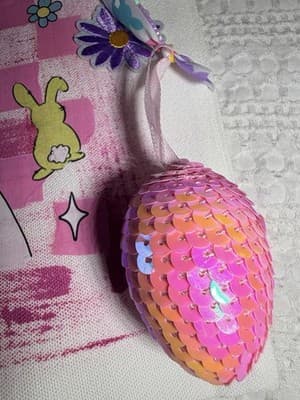 Easter Bunny Pink Egg Canvas Tote Custom Design Embellish OOAK Basket Bag NEW - Thumbnail 3