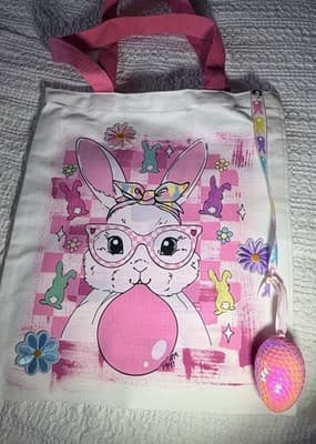 Easter Bunny Pink Egg Canvas Tote Custom Design Embellish OOAK Basket Bag NEW - Thumbnail 8