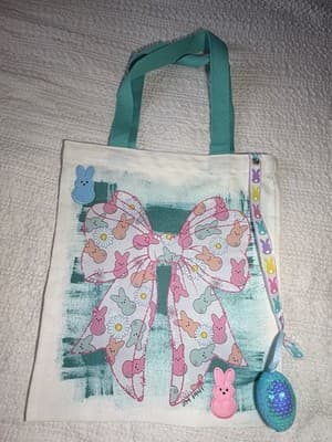 Easter Peeps Bow Blue Canvas Tote Custom Design Embellish OOAK Basket Bag NEW - Thumbnail 2