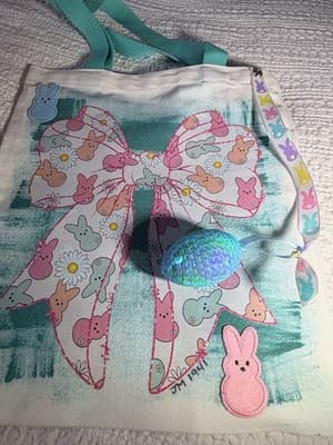 Easter Peeps Bow Blue Canvas Tote Custom Design Embellish OOAK Basket Bag NEW - Thumbnail 8