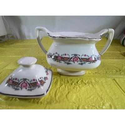 Vintage WS George Lido Sugar Bowl with Lid Pink Floral - Thumbnail 7