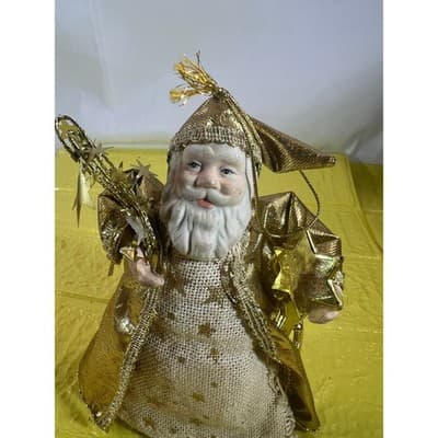 Vintage Old World Porcelain Santa Claus Small Tree Topper Ornament Gold Stars - Thumbnail 2
