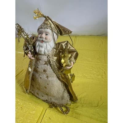 Vintage Old World Porcelain Santa Claus Small Tree Topper Ornament Gold Stars - Thumbnail 3
