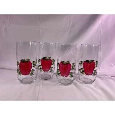 Set of 4 Rare Vintage Hand Painted Apple Clear Glass Drinking Glasses 7" Tall - Thumbnail 2