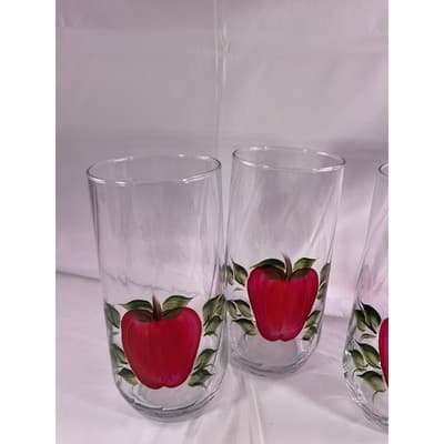 Set of 4 Rare Vintage Hand Painted Apple Clear Glass Drinking Glasses 7" Tall - Thumbnail 3