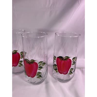 Set of 4 Rare Vintage Hand Painted Apple Clear Glass Drinking Glasses 7" Tall - Thumbnail 4