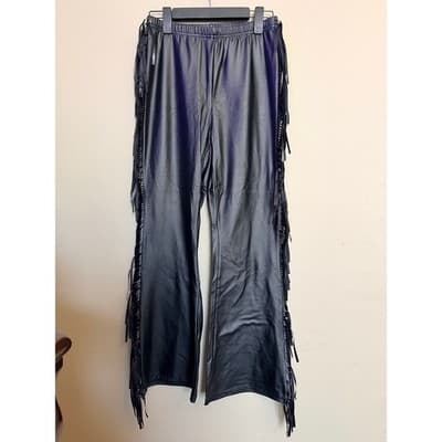 Women’s Faux Leather Fringe Wide Leg Pull On Boho Festival Pants Black M - Thumbnail 3