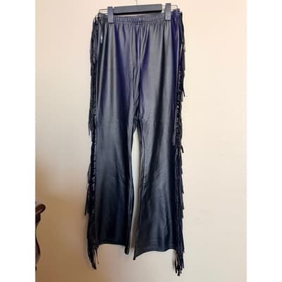 Women’s Faux Leather Fringe Wide Leg Pull On Boho Festival Pants Black M - Thumbnail 5