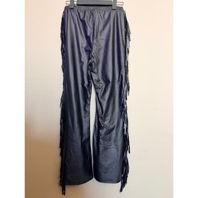 Women’s Faux Leather Fringe Wide Leg Pull On Boho Festival Pants Black M - Thumbnail 6
