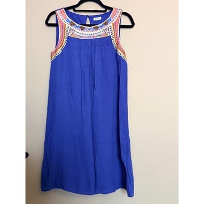 Westport Women’s Aztec Embroidered Beaded Trim Sleeveless Shift Dress Blue S