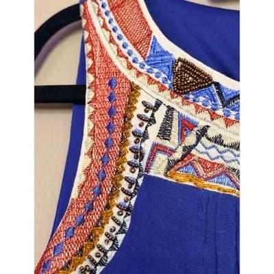Westport Women’s Aztec Embroidered Beaded Trim Sleeveless Shift Dress Blue S - Thumbnail 2