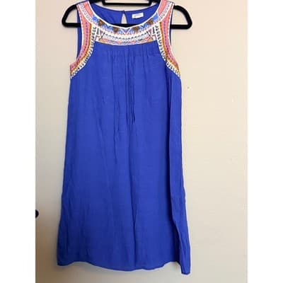Westport Women’s Aztec Embroidered Beaded Trim Sleeveless Shift Dress Blue S - Thumbnail 6