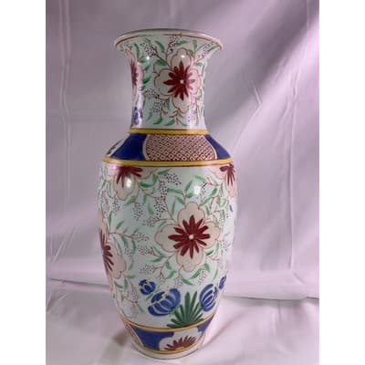 Vintage Porcelain Floral Tulip Print Vase Asian Chinese 12" Tall - Thumbnail 2