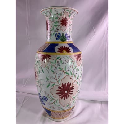 Vintage Porcelain Floral Tulip Print Vase Asian Chinese 12" Tall - Thumbnail 3