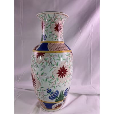 Vintage Porcelain Floral Tulip Print Vase Asian Chinese 12" Tall - Thumbnail 4