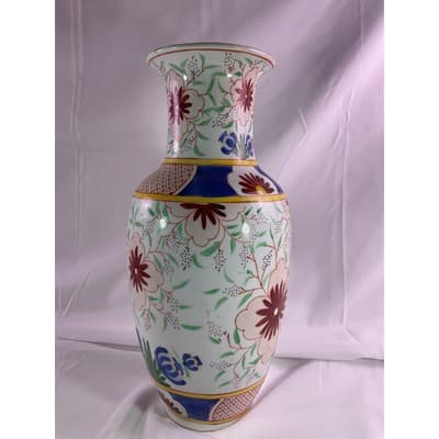 Vintage Porcelain Floral Tulip Print Vase Asian Chinese 12" Tall - Thumbnail 5