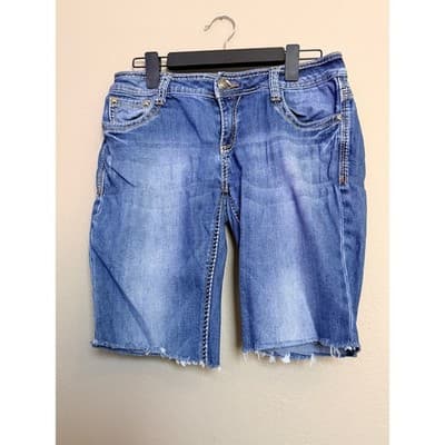 Cello Women's Mid Rise Raw Hem Frayed Cut Off Denim Short Blue Mid Wash 9