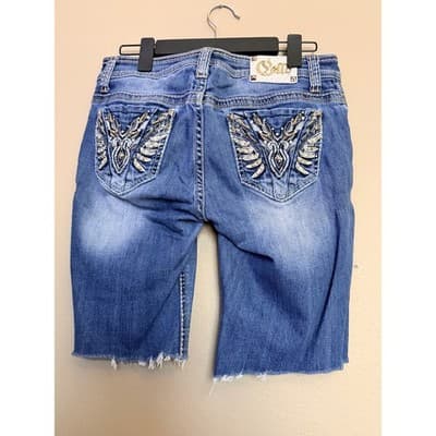 Cello Women's Mid Rise Raw Hem Frayed Cut Off Denim Short Blue Mid Wash 9 - Thumbnail 2