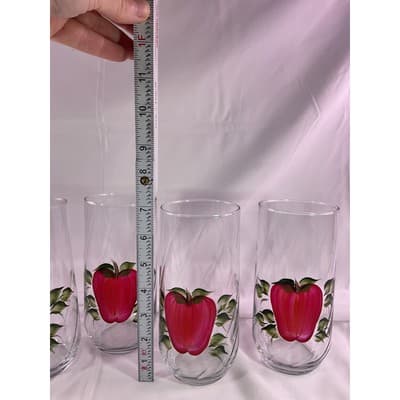 Set of 4 Rare Vintage Hand Painted Apple Clear Glass Drinking Glasses 7" Tall - Thumbnail 6