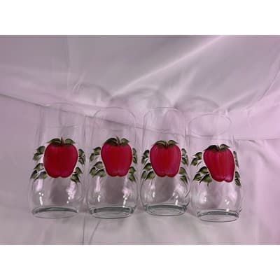 Set of 4 Rare Vintage Hand Painted Apple Clear Glass Drinking Glasses 7" Tall - Thumbnail 9