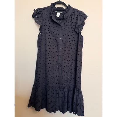 H&M Button Front Ruffle Hem Eyelet Lace Cap Sleeve Mini Dress Black XS - Thumbnail 3