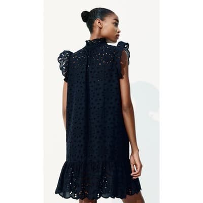 H&M Button Front Ruffle Hem Eyelet Lace Cap Sleeve Mini Dress Black XS - Thumbnail 2