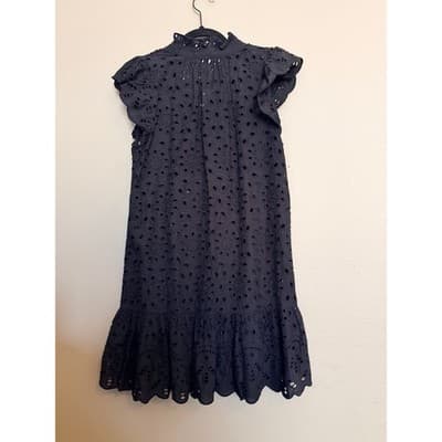 H&M Button Front Ruffle Hem Eyelet Lace Cap Sleeve Mini Dress Black XS - Thumbnail 9