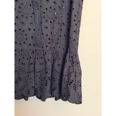 H&M Button Front Ruffle Hem Eyelet Lace Cap Sleeve Mini Dress Black XS - Thumbnail 4
