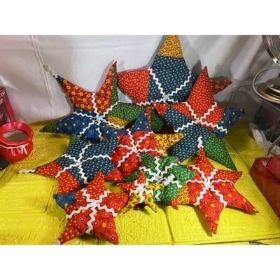 Vintage Christmas Hand Sewn Cloth Fabric Stuffed Star Ornaments Tree Set 11 Rare