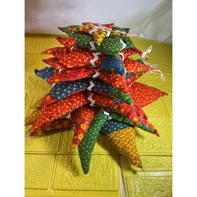 Vintage Christmas Hand Sewn Cloth Fabric Stuffed Star Ornaments Tree Set 11 Rare - Thumbnail 3