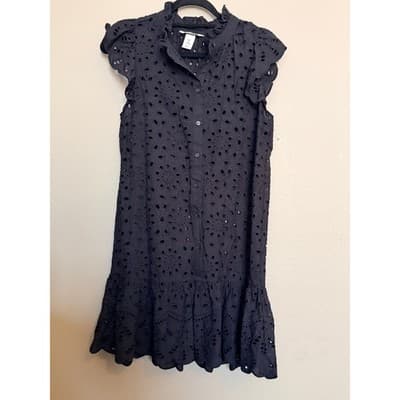 H&M Button Front Ruffle Hem Eyelet Lace Cap Sleeve Mini Dress Black XS - Thumbnail 7