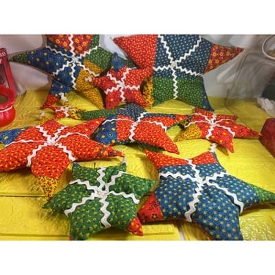 Vintage Christmas Hand Sewn Cloth Fabric Stuffed Star Ornaments Tree Set 11 Rare - Thumbnail 5