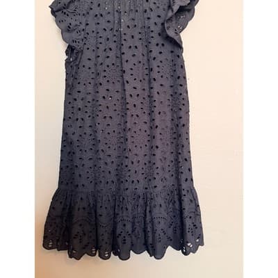 H&M Button Front Ruffle Hem Eyelet Lace Cap Sleeve Mini Dress Black XS - Thumbnail 8