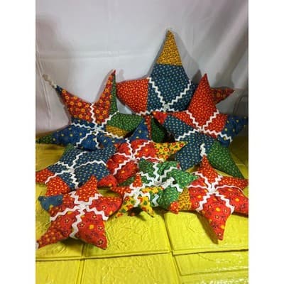 Vintage Christmas Hand Sewn Cloth Fabric Stuffed Star Ornaments Tree Set 11 Rare - Thumbnail 4