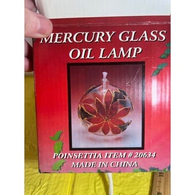 Vintage Mercury Glass Oil Lamp MCM Poinsettia IOB NEW RARE - Thumbnail 11