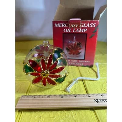Vintage Mercury Glass Oil Lamp MCM Poinsettia IOB NEW RARE - Thumbnail 12