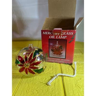 Vintage Mercury Glass Oil Lamp MCM Poinsettia IOB NEW RARE
